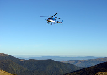 Blue helicopter above the forest