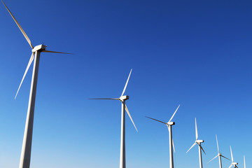 diagonal row shiny white wind turbines bright blue sky