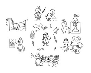 Funny people icons. Big medical set. Doodle medical vector Illustration.