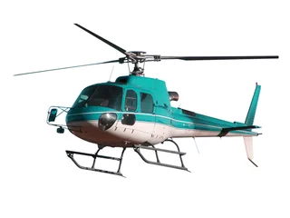 Foto auf Acrylglas Hubschrauber Türkisfarbener Helikopter mit verstecktem Fahrwerk