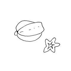 Exotic fruit. Carambola. Doodle Black outline. Isolated on a white background. Decor element. Vector illustration