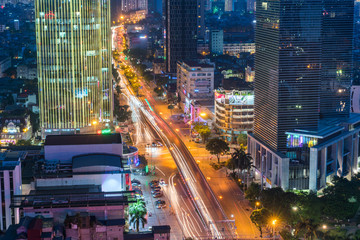 Aerial skyline view of Hanoi. Hanoi cityscape at twilight at Lang Ha street, Ba Dinh district