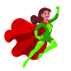 Vector illustration, female character superhero in a suit. Woman superhero in a heroic pose