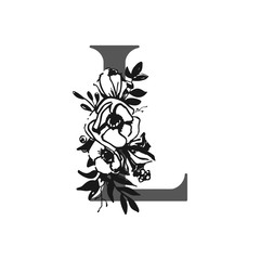 Vector flower alphabet. Design of letter L. Decoration of wedding invitations, cards, business cards of florists. Large delicate flowers in a ink style