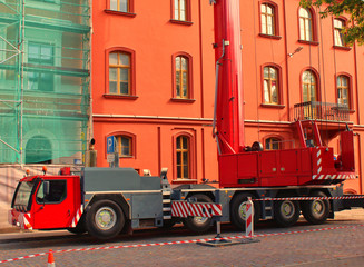 Big truck with crane in city