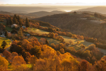 Paisaje otoñal al amanecer en el Camino de Santiago Primitivo en Galicia, entre las localidades de...