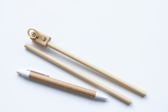 Eco-friendly materials in the production of office supplies. Wooden pencil, pen and sharpener
