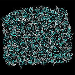 Khokhloma. Russian folk pattern. Berries and leaves with twisting elements. Freehand sketch. Clear outline. Illustration on a black background.
