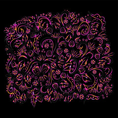 Khokhloma. Russian folk pattern. Berries and leaves with twisting elements. Freehand sketch. Clear outline. Illustration on a black background.