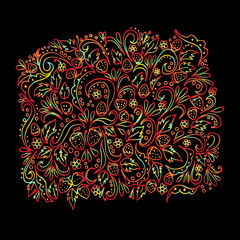 Khokhloma. Russian folk pattern. Berries and leaves with twisting elements. Freehand sketch. Clear outline. Illustration on a black background.