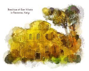 Basilica of San Vitale in Ravenna, Italy - watercolor illustration. Famous Italian Basilica di San Vitale with beautiful Byzantine mosaic and art is famous landmark and tourist destination in Europe.