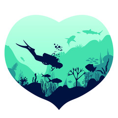Naklejka premium Silhouette of algae reef fish. Underwater scene of the ocean, sea landscape. Ocean flora with marine life and coral reefs. nature under water. vector