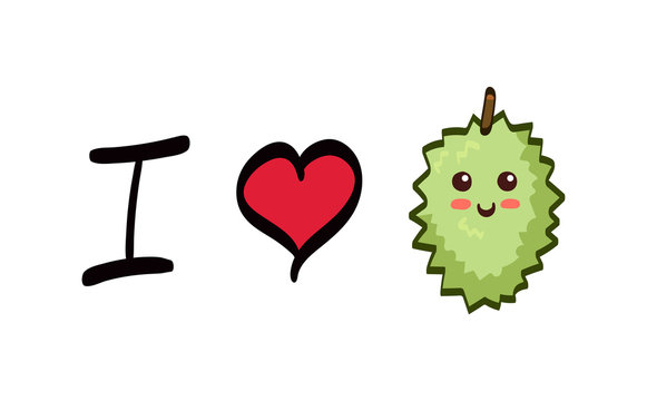 I Love Durian hand drawn lettering. Famous fruit of Thailand placed on right side with red heart shape in kawaii cartoon style. Print for fabric, package, poster, sticker. Funny cute durian character.