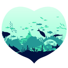 Silhouette of algae reef fish. Underwater scene of the ocean, sea landscape. Ocean flora with marine life and coral reefs. nature under water. vector