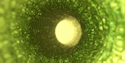 Interior of green abstract pipe with light coming from circular hole at the end. Abstract science...