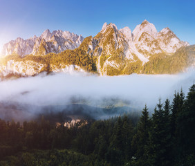 Great morning on the alpine lake Vorderer Gosausee. Gosau valley, Austrian alps.
