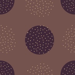 seamless pattern of purple circles and white dots with brown background in crayon style.