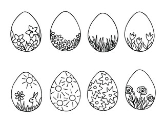 Hand-drawn black outline set for Easter design. Group of patterned eggs on a white background. Celebration of holy Sunday, the decor of postcards, stickers