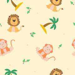 Childish Jungle Seamless Pattern Background, with Lions, Monkeys and Palm Trees