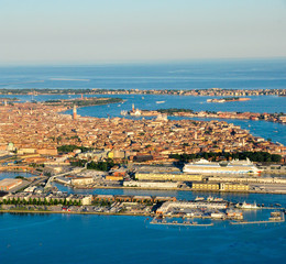 Aerial shot with a great light of the city of Venice, Italy on a beautiful sunset 