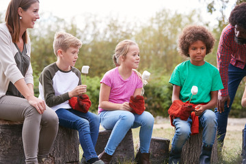 Fototapeta premium Team Leaders With Group Of Children On Outdoor Activity Trip Toasting Marshmallows Over Camp Fire