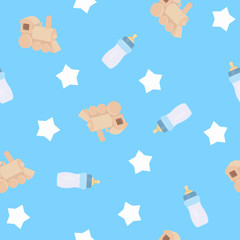 Baby Blue Seamless Pattern Background or Wallpaper, with Feeding Bottles, Wooden Toy Trains and Stars
