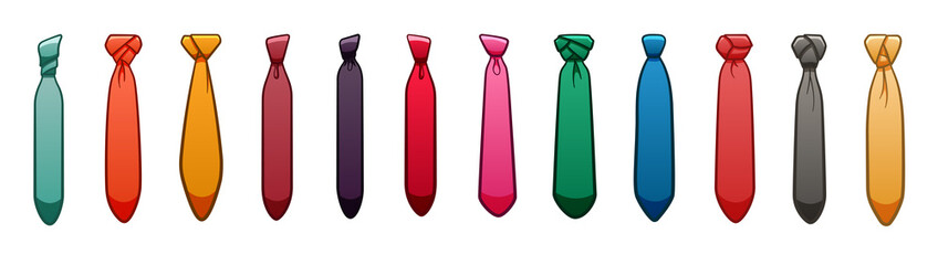 Twelve neckties of different colors set on white background