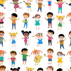 Seamless pattern happy kids. Multicultural children in different positions isolated on white background. Cartoon design