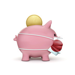 Japan healthcare savings. Piggy bank with face mask. 3D Render
