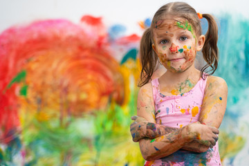 Little Girl Child Preschooler Draws Hands Paints On White Wall.