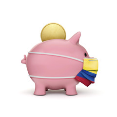 Fototapeta premium Colombia healthcare savings. Piggy bank with face mask. 3D Render