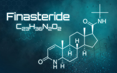Chemical formula of Finasteride on a futuristic background