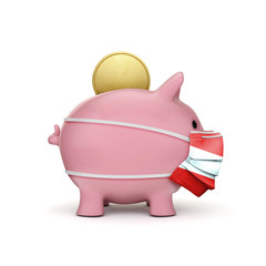 Fototapeta premium Austria healthcare savings. Piggy bank with face mask. 3D Render