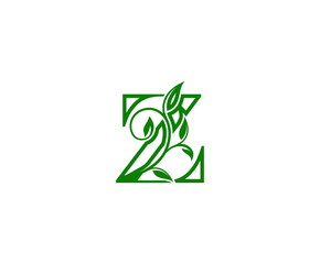 Letter Z Logo. Z Letter Design Vector with Green Color and Floral Hand Drawn Green Leaves.
