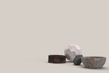 ciotola e alementi in legno su sfondo chiaro