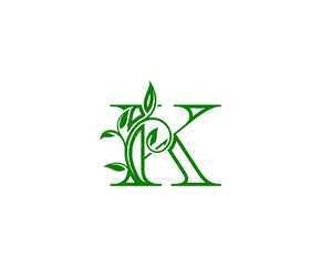 Letter K Logo. K Letter Design Vector with Green Color and Floral Hand Drawn Green Leaves.