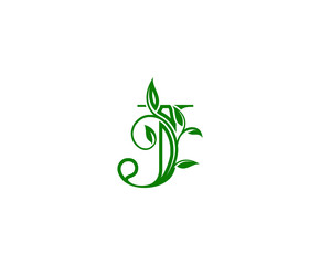 Letter J Logo. J Letter Design Vector with Green Color and Floral Hand Drawn Green Leaves.