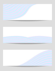 Set of 3 banners in blue, pink hues. Vector blury waves, white background. Pastel wavy curves. Layouts for flyer, leaflet, website. Templates with copy space. Line art pattern, abstract design. EPS10