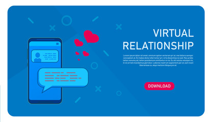 Virtual relationship app banner. People can chatting in the smartphone screen. Vector stock illustration eps10. Love message chatting concept.