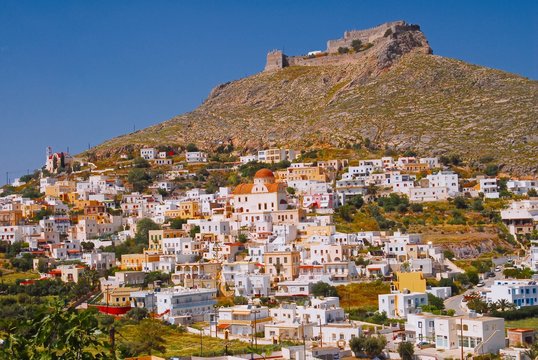 The town of Agia Marina with the ancient Venetian castle in background. Leros island Dodecanese islands, Greece.