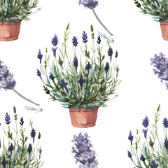 Lavender pattern seamless. Hand drawn watercolor illustration. Print, textiles. Nature, plants, purple vegetation, flowering, flowers. Spring, summer, provence, aroma, aromatherapy.