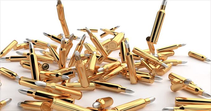 Bullets fall in a pile.. 3d shot on golden backdrop. Macro shot. Military background. 4k