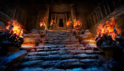 Tuinposter Bedehuis Mystieke oude tempel met stenen treden, aan de zijkanten van de trap zijn altaren met een fel rood vuur, de ingang van de tempel is omgeven door zuilen, het is donker van binnen. 2D