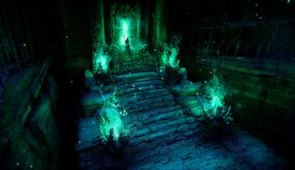 Mystical ancient temple with steps made of stone, on the sides of the stairs are altars with a bright burning green fire, at the entrance to the temple a glowing passage near which stands the wizard . © warmtail