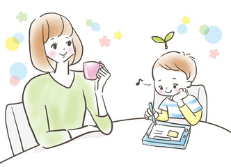 タブレット学習　男の子　見守る母親