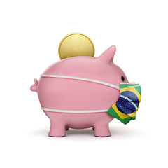 Brazil healthcare savings. Piggy bank with face mask. 3D Render