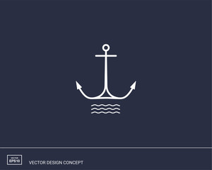 Anchor emblem with waves. Modern minimal flat design style. Simple logotype template. Vector illustration.