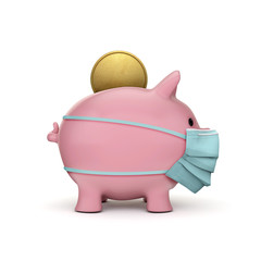 Healthcare cost and savings. Piggy bank with face mask. 3D Render
