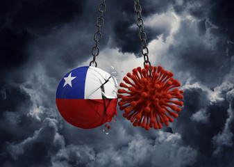 Virus microbe smashing into Chile flag ball. 3D Render