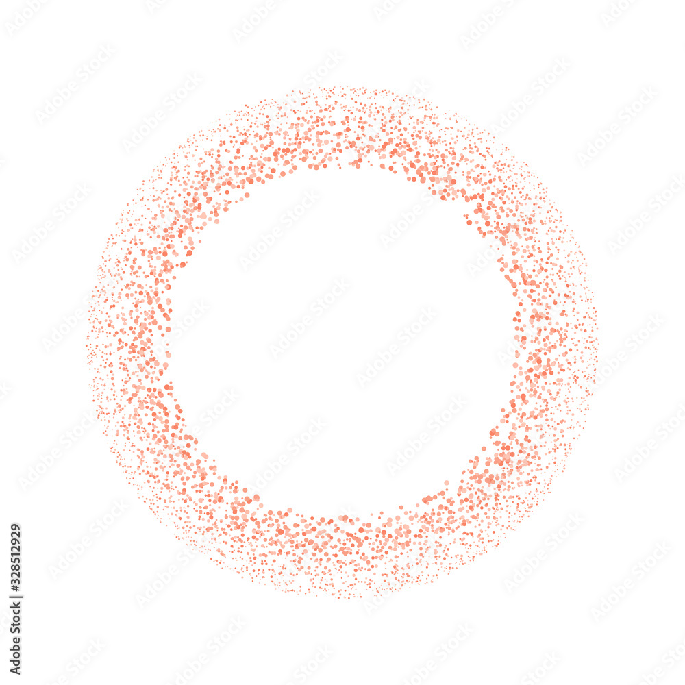 Poster Rose gold splash or glittering spangles round frame with empty center for text. Rose gold glittering circle made of tiny uneven round dots on white background. Vector illustration.